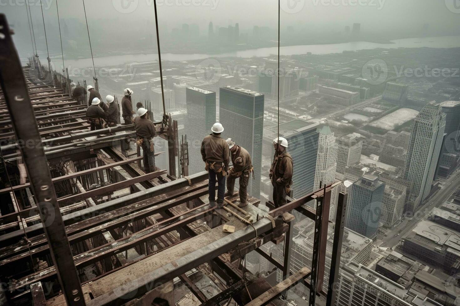 A dramatic, highangle shot of skyscraper builders working at dizzying