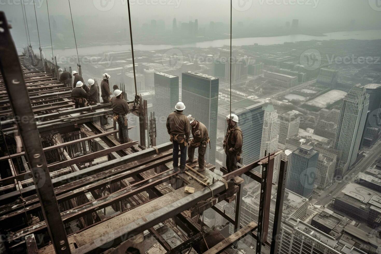 A dramatic, high-angle shot of skyscraper builders working at dizzying heights, skillfully assembling steel beams and securing building materials. Generative AI. photo