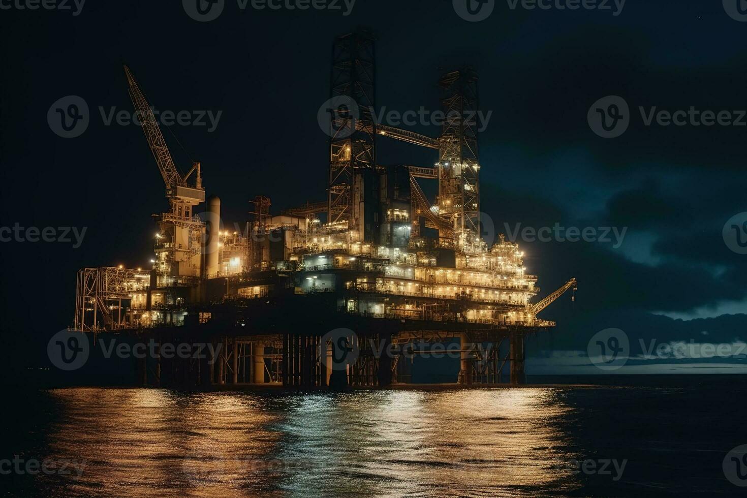 A drilling platform at night. Drilling platform lit up by artificial lights. Industrial and technological advancements that make offshore drilling possible even in the dark. Generative AI photo