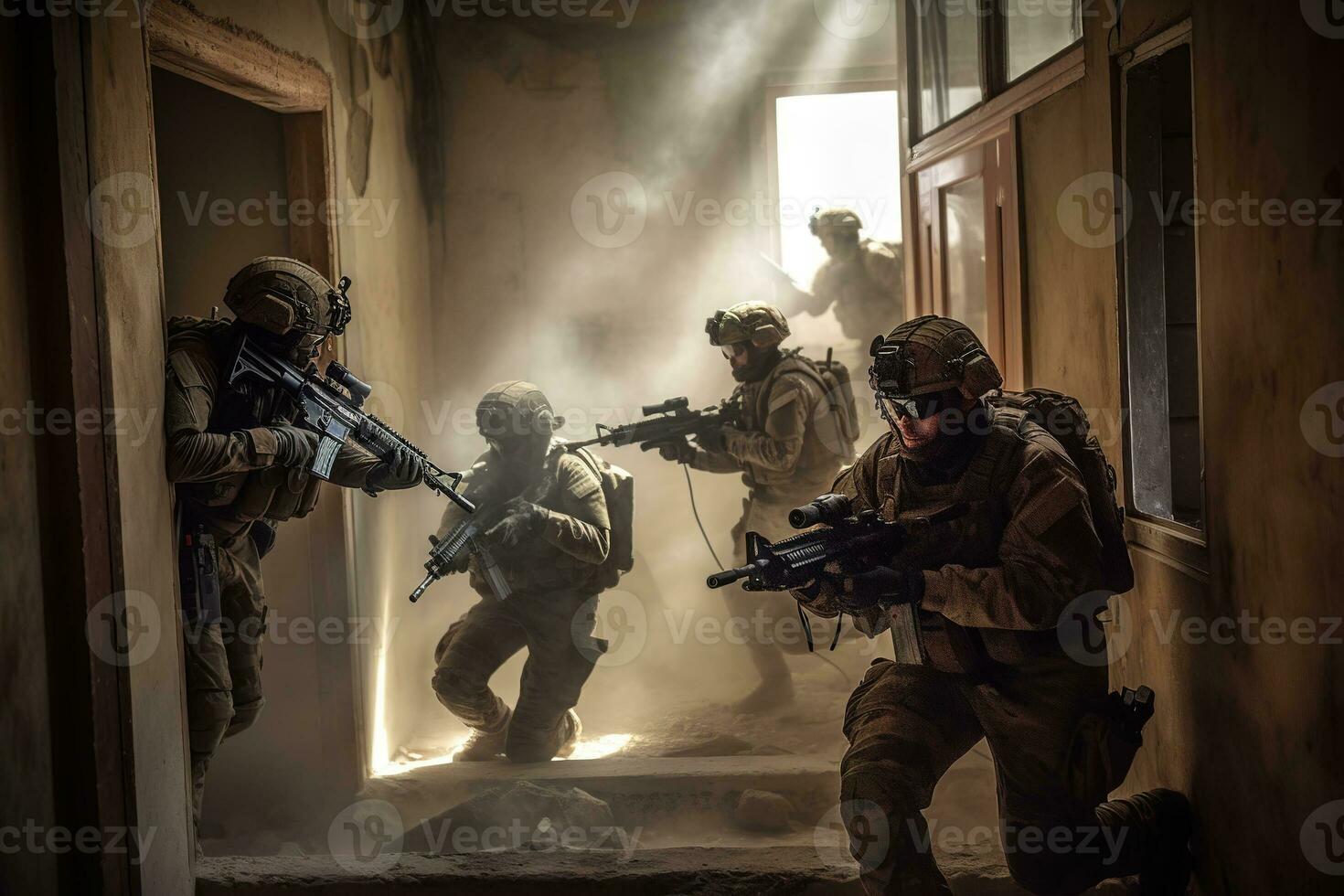 Special Forces team conducting a hostage rescue operation, with soldiers breaching a building and engaging with hostile forces. Generative AI photo