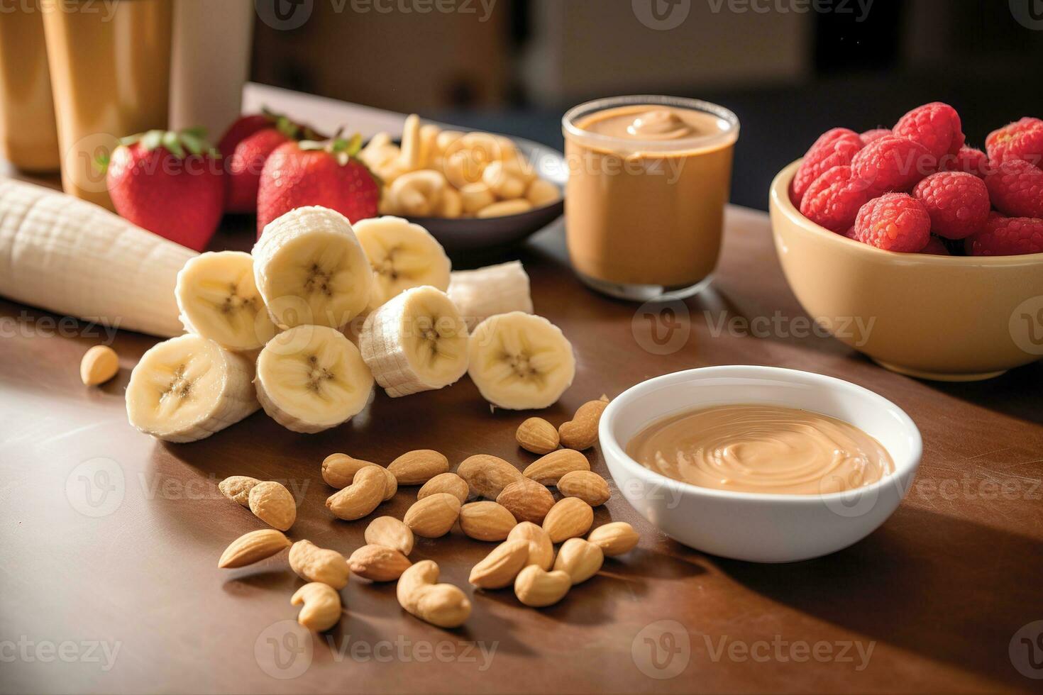 Peanut butter-inspired snack scene. Peanut butter and banana slices, peanut butter-filled celery sticks, set in an active, fitness-oriented environment. Generative AI. photo