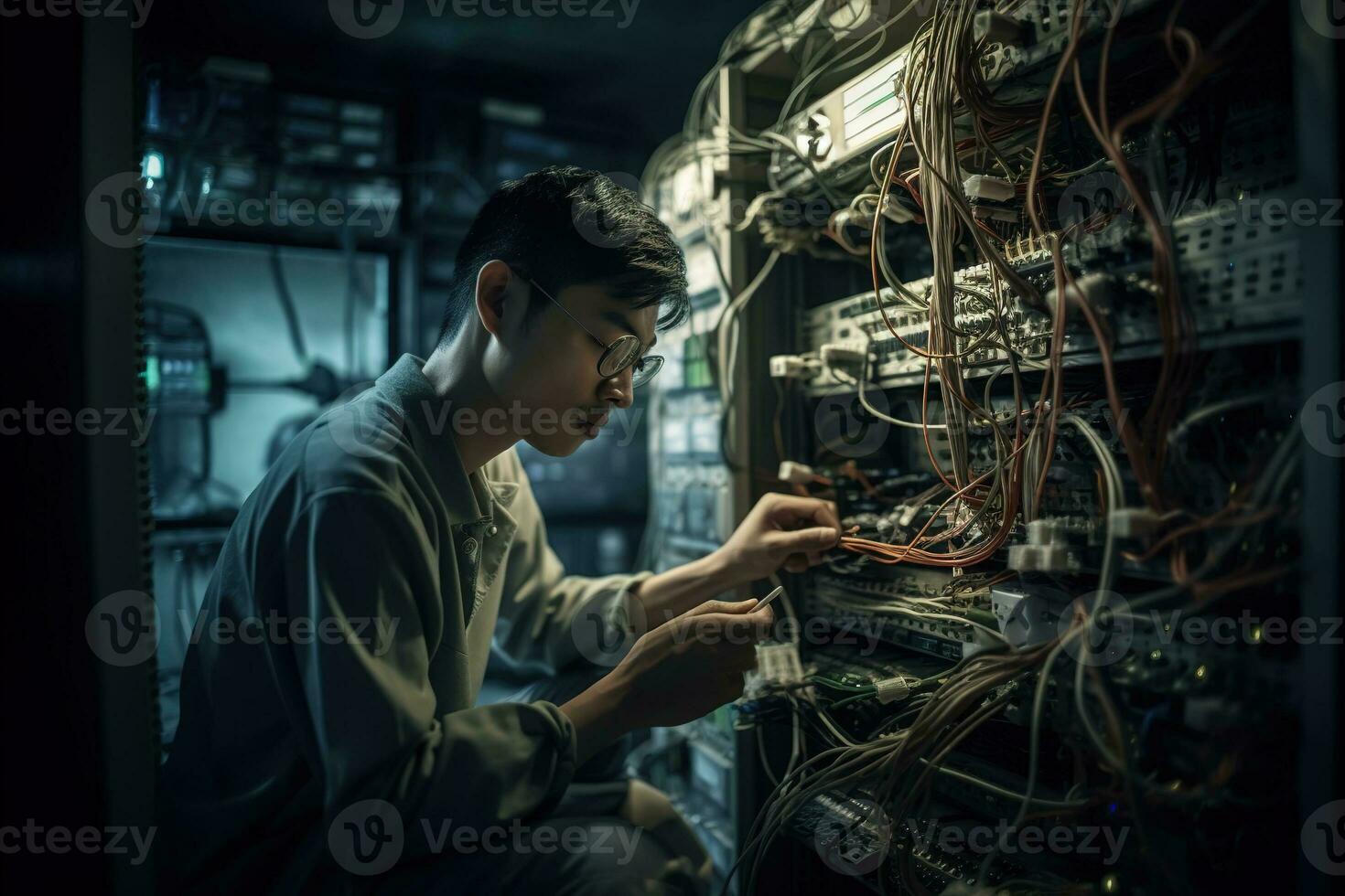 An IT professional troubleshooting a complex network issue and solving problem, showcasing their skill, focus, and expertise, set against the backdrop of a server room. Generative AI photo