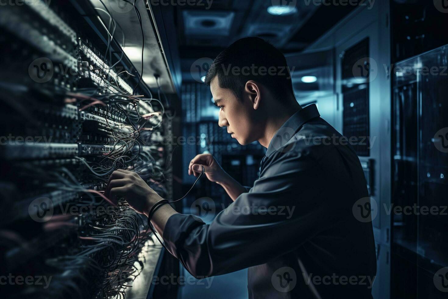 An IT professional troubleshooting a complex network issue and solving problem, showcasing their skill, focus, and expertise, set against the backdrop of a server room. Generative AI photo