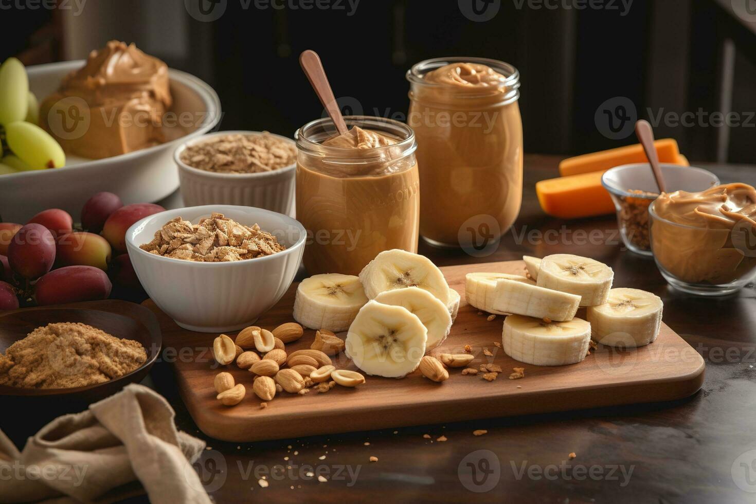 Peanut butter-inspired snack scene. Peanut butter and banana slices, peanut butter-filled celery sticks, set in an active, fitness-oriented environment. Generative AI. photo