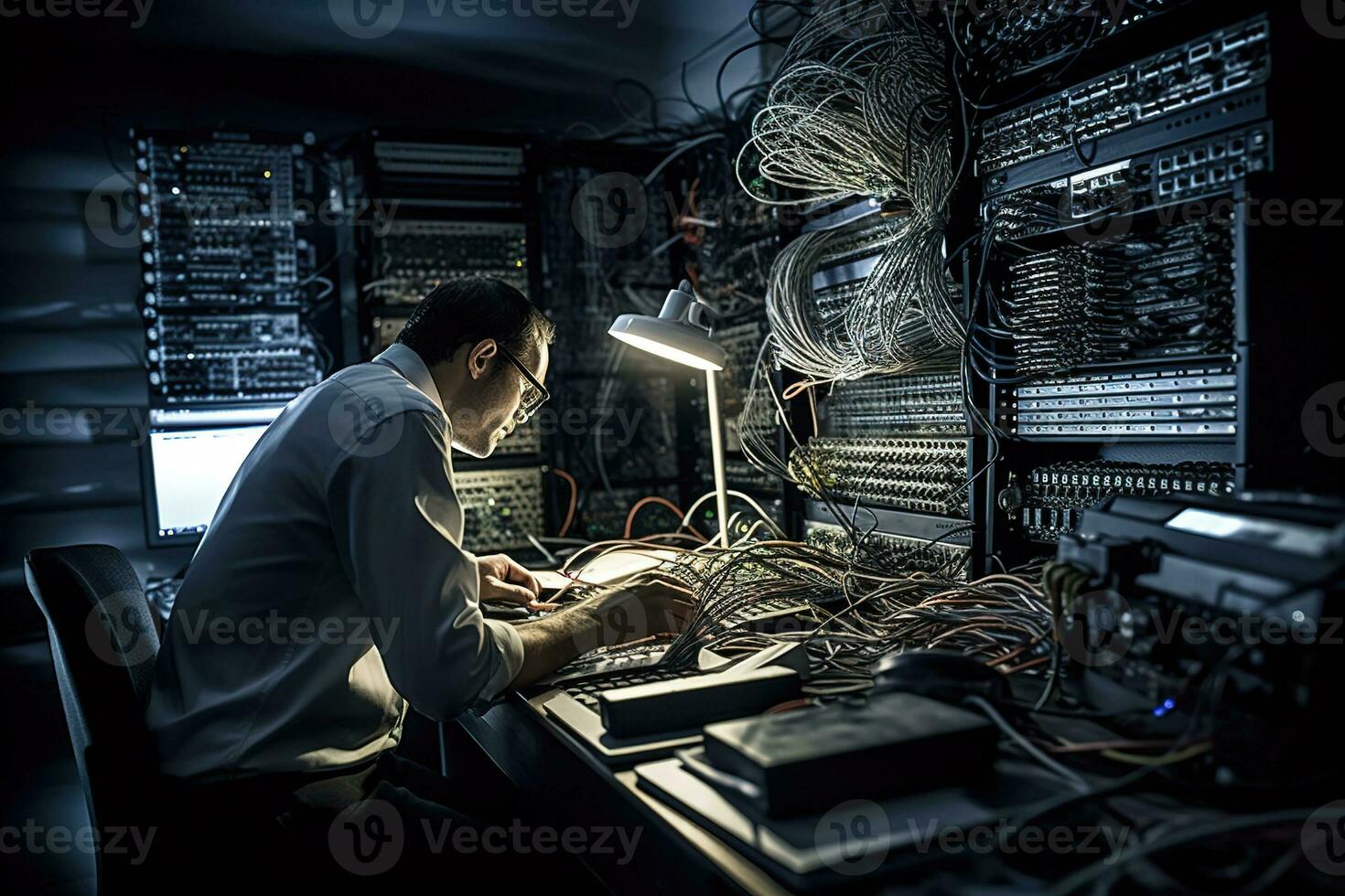 An IT professional troubleshooting a complex network issue and solving problem, showcasing their skill, focus, and expertise, set against the backdrop of a server room. Generative AI photo