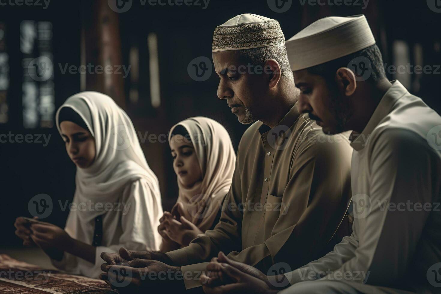 A family praying together during Ramadan in a mosque, with the focus on the family's devotion as they pray together. Importance of family during this holy month. Generative AI photo