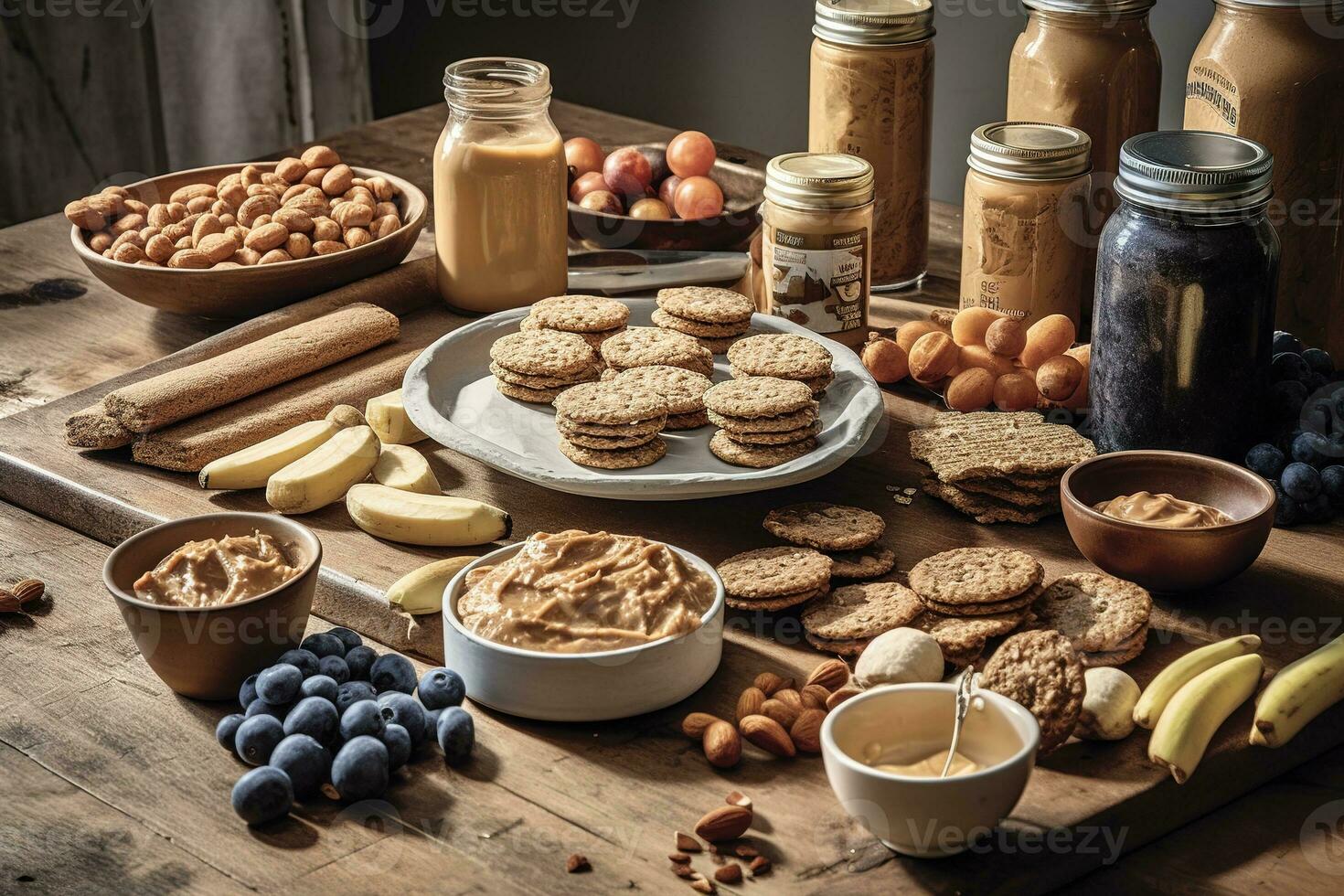 Peanut butter-inspired snack scene. Peanut butter and banana slices, peanut butter-filled celery sticks, set in an active, fitness-oriented environment. Generative AI. photo