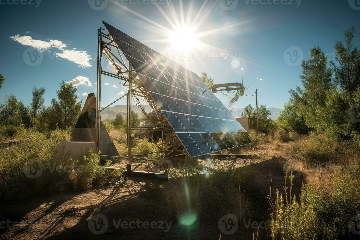 Large solar power plant with rows of photovoltaic panels neatly arranged against a clear blue sky. Representing the harmonious integration of different renewable energy sources. Generative AI. photo