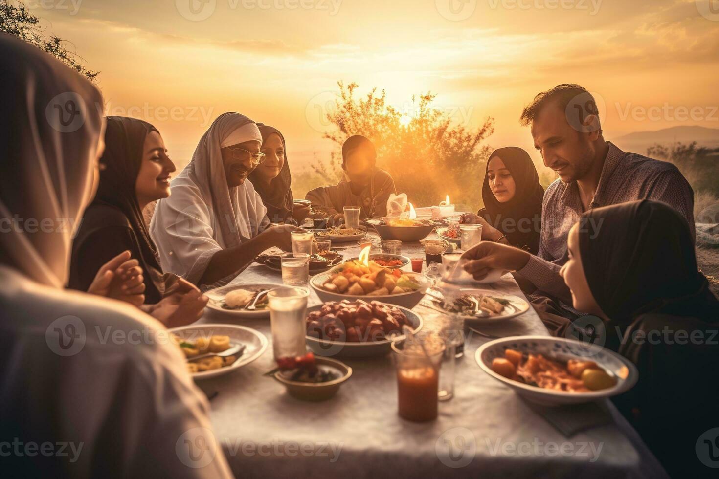 A family sitting together for iftar the breaking of fast at sunset.On the table full of traditional Ramadan foods. The family smiling and laughing. Generative AI photo