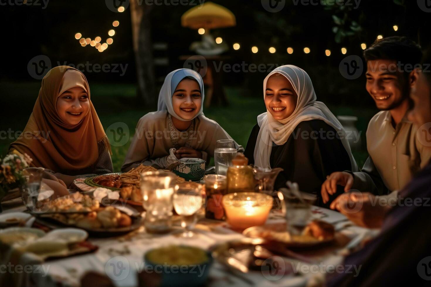 un familia sentado juntos para iftar el rotura de rápido a atardecer.en el mesa lleno de tradicional Ramadán alimentos el familia sonriente y reír. generativo ai foto