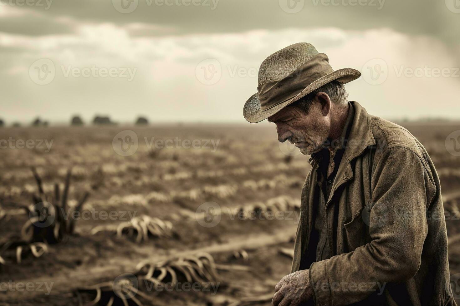 The farmer somber and despairing expression on their face. A farm under drought, barren scorched fields as far as the eye can see. A few diseased crops stick out, twisted and dying. Generative AI photo