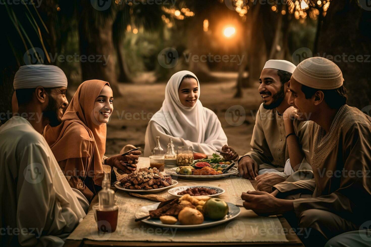 A family sitting together for iftar the breaking of fast at sunset.On the table full of traditional Ramadan foods. The family smiling and laughing. Generative AI photo