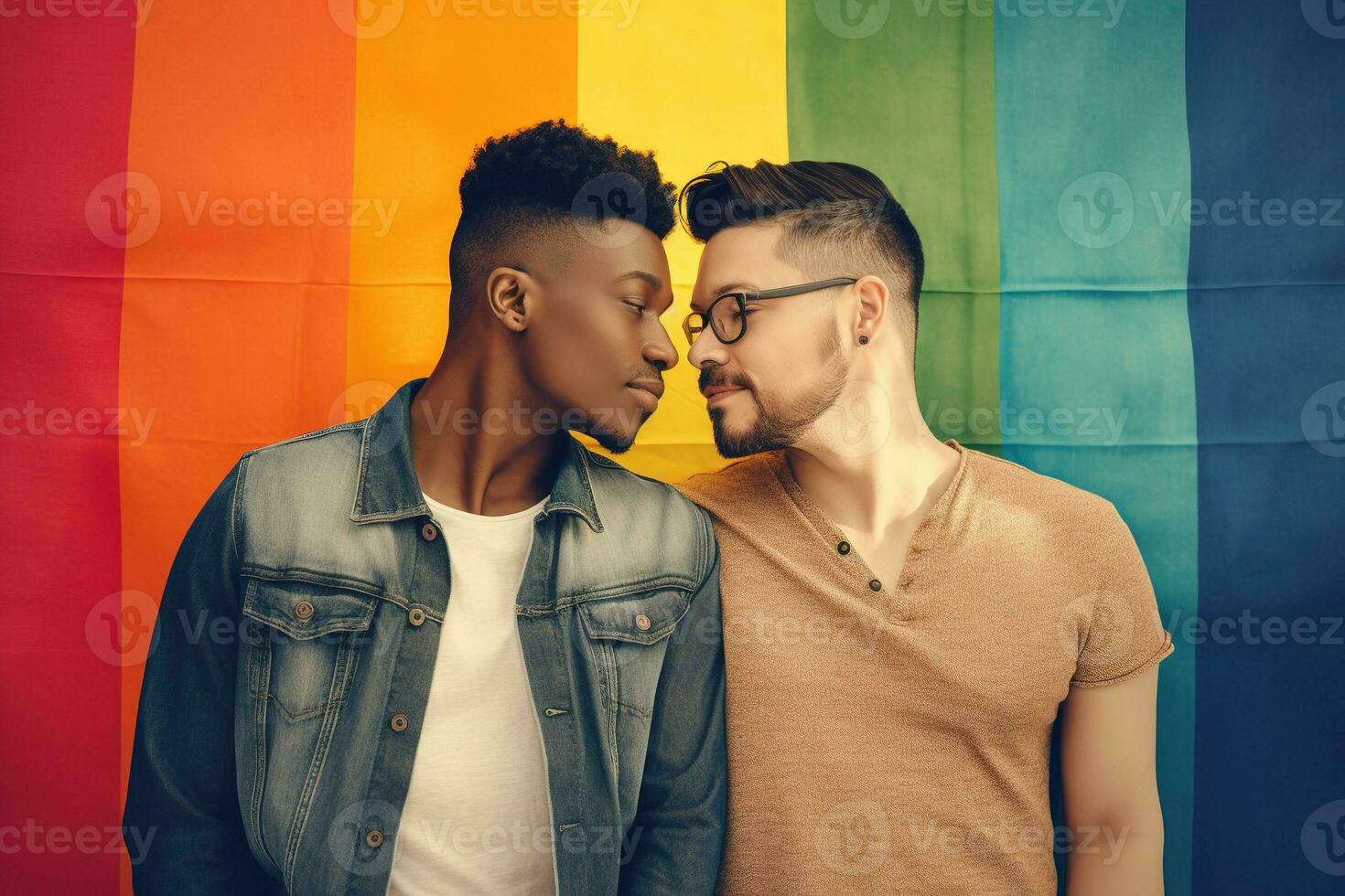 A featuring homosexual couples of different ethnicities, ages and styles embracing over a Pride flag background. Generative AI photo