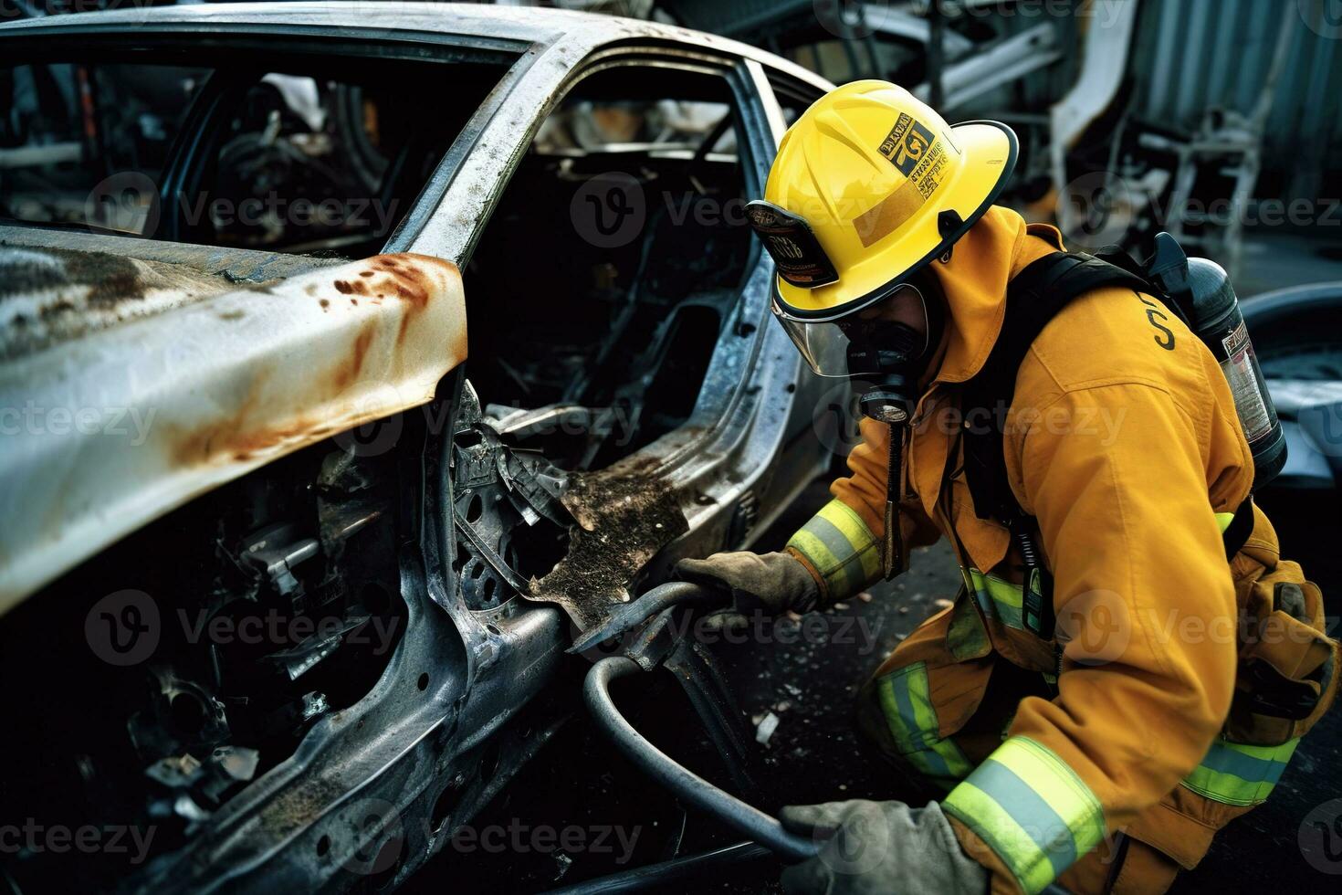 A firefighter with hydraulic grippers extricating a crash test dummy from a mangled vehicle wreckage, hydraulic tools spreading the metal apart. Generative AI. photo