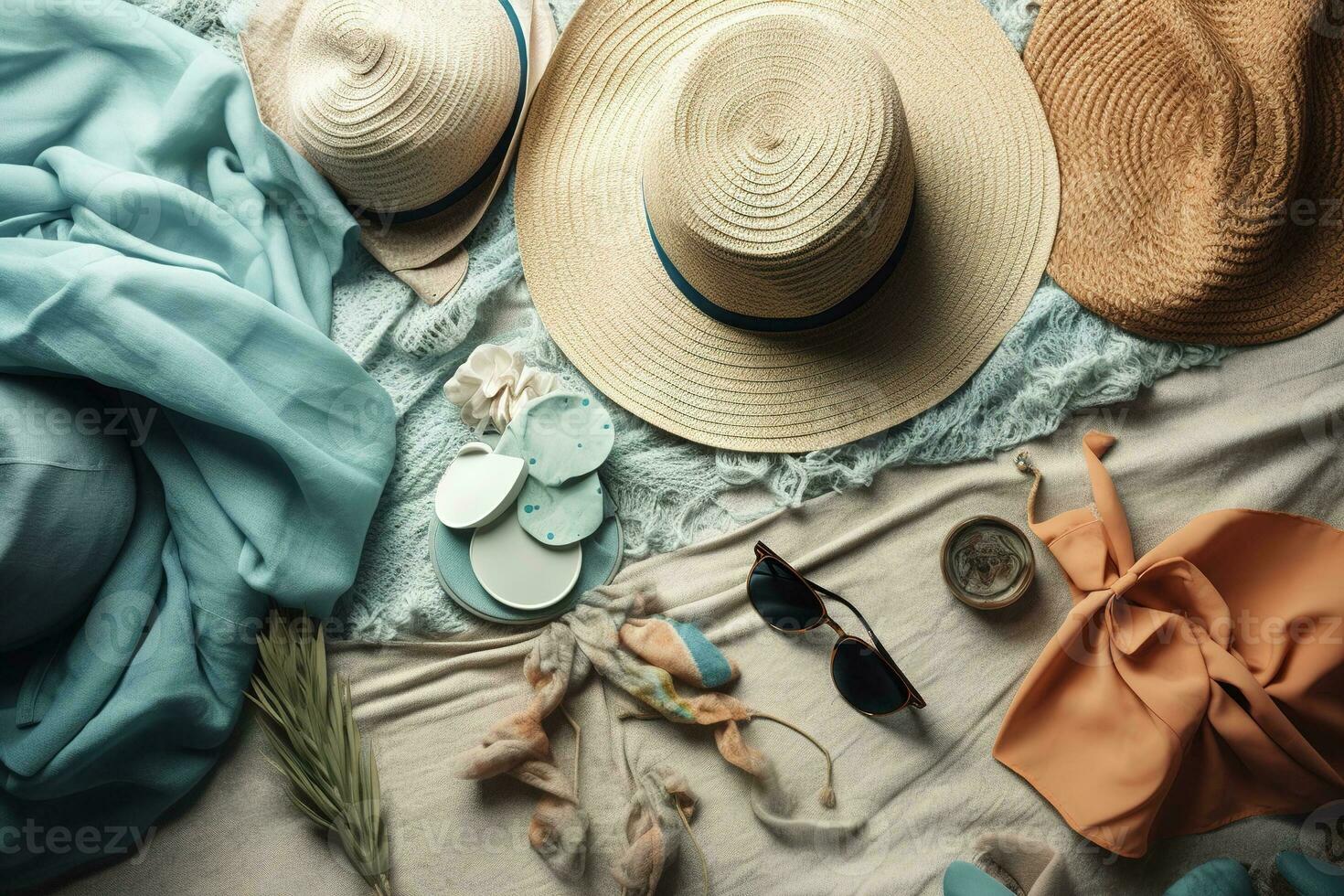 A flat lay image of summer accessories such as sunglasses, hats, and jewelry on a beach towel. The accessories are arranged in a way that is visually pleasing and stylish. Generative AI photo