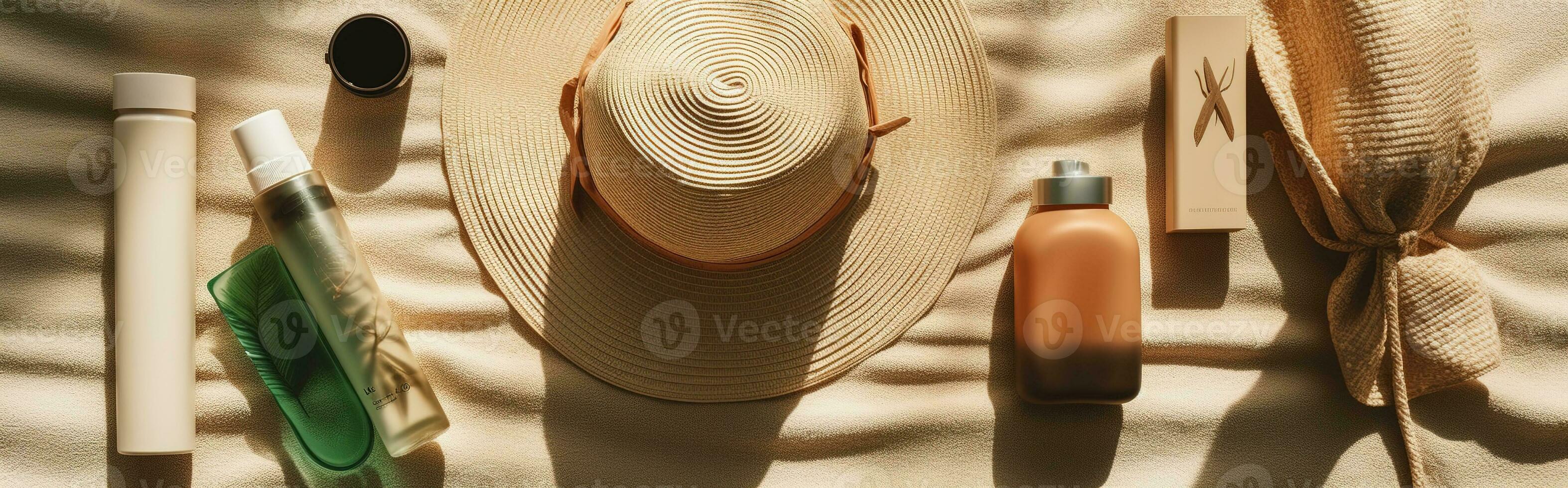 A flat lay image of summer accessories such as sunglasses, hats, and jewelry on a beach towel. The accessories are arranged in a way that is visually pleasing and stylish. Generative AI photo