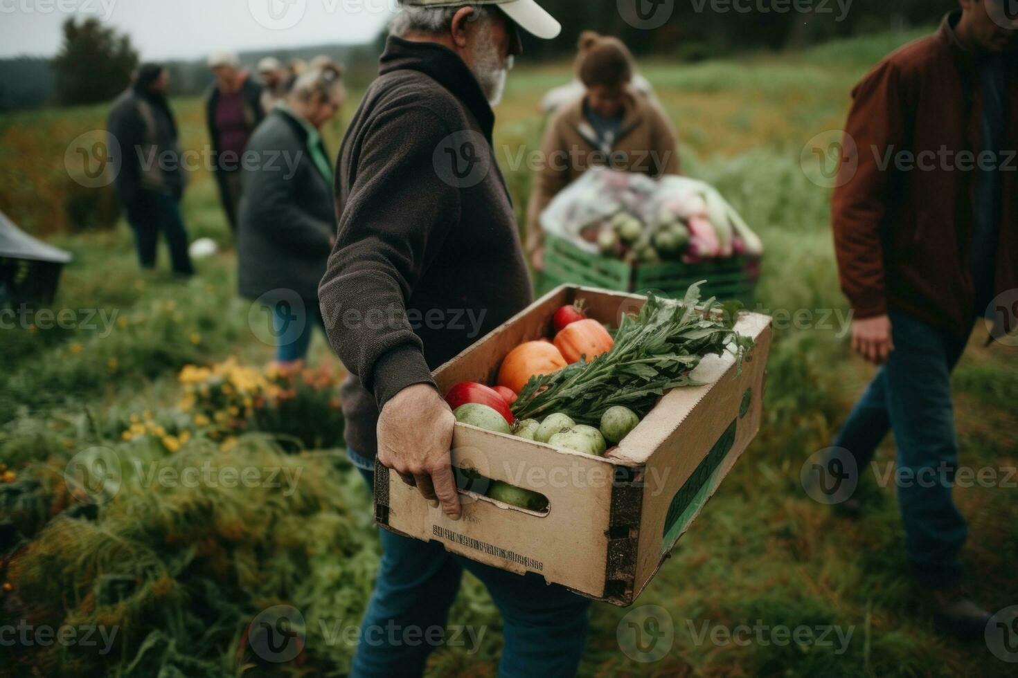 A food co-op agriculture farm. Members are carrying home boxes with the week's fresh, seasonal produce. Supporting local farmers is a pathway to better nutrition and sustainability. Generative AI photo