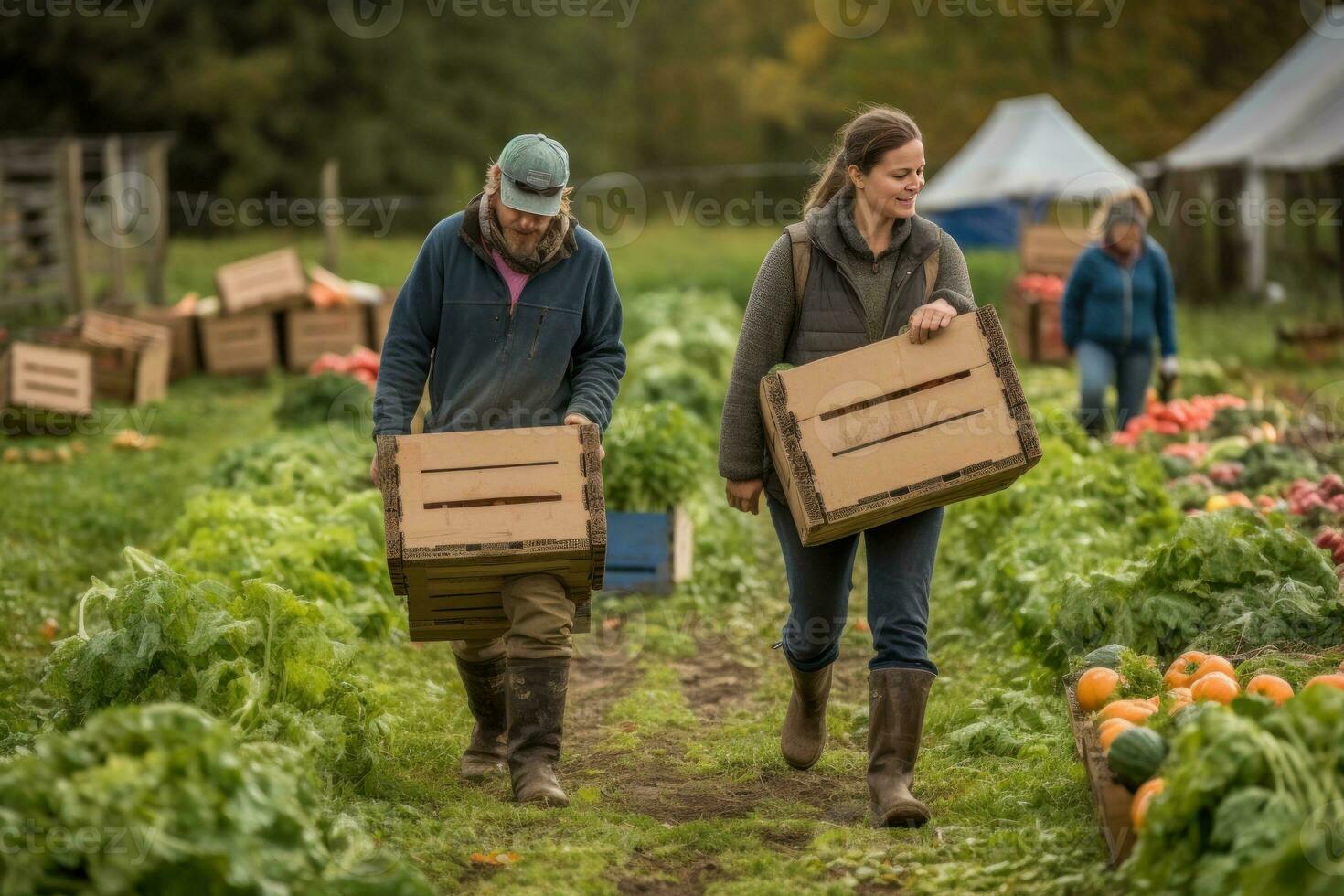 A food co-op agriculture farm. Members are carrying home boxes with the week's fresh, seasonal produce. Supporting local farmers is a pathway to better nutrition and sustainability. Generative AI photo