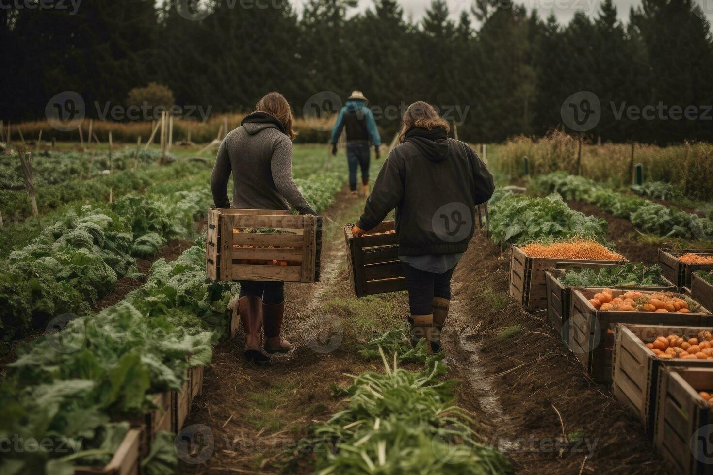 A food co-op agriculture farm. Members are carrying home boxes with the week's fresh, seasonal produce. Supporting local farmers is a pathway to better nutrition and sustainability. Generative AI photo