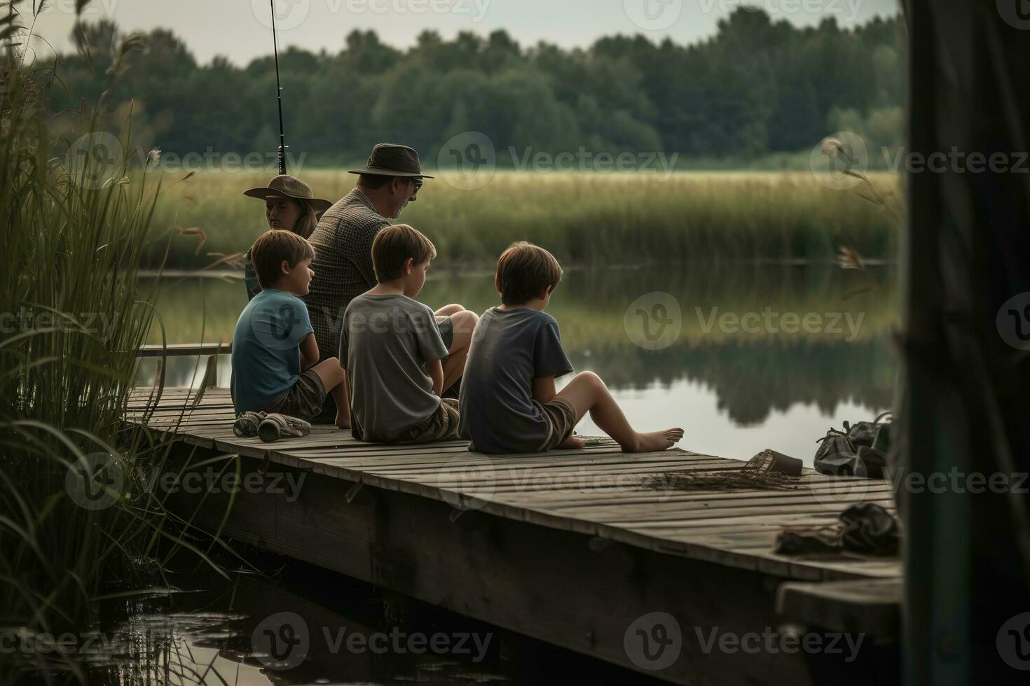 A fun, family fishing trip, with parents teaching their children the art of casting and patiently waiting for a catch, set against a calm, sparkling lake or riverside location. Generative AI. photo