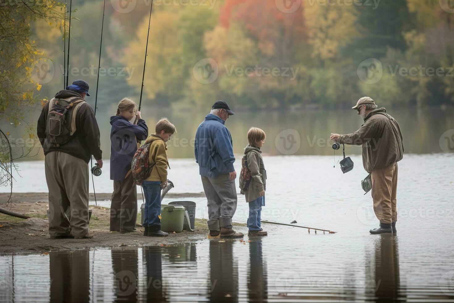 A fun, family fishing trip, with parents teaching their children the art of casting and patiently waiting for a catch, set against a calm, sparkling lake or riverside location. Generative AI. photo