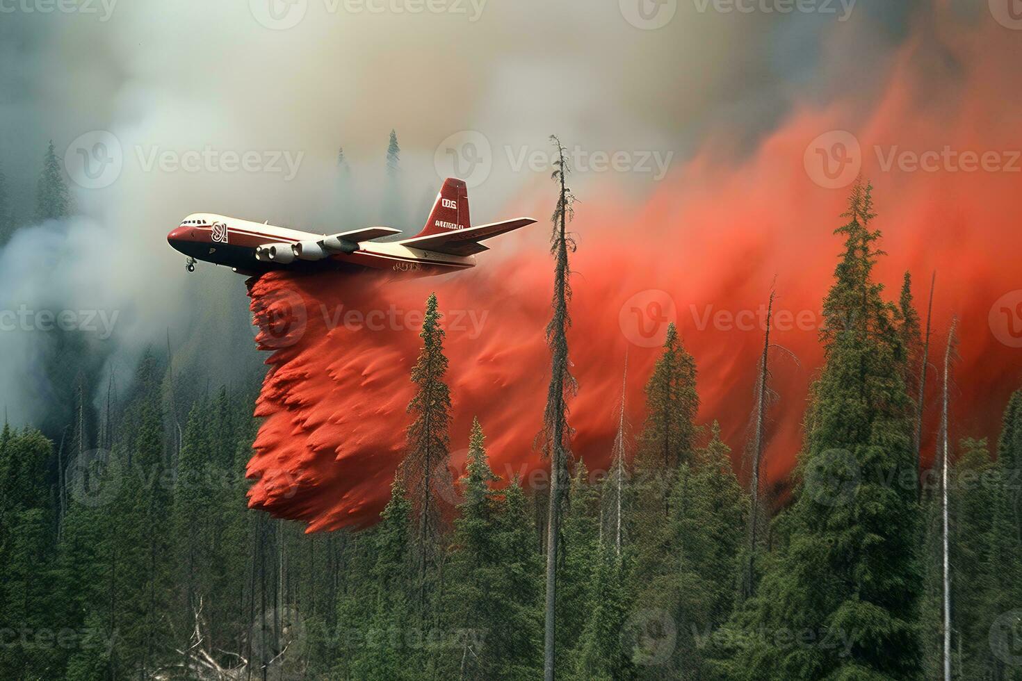 A giant firefighting air tanker plane flying low and releasing a massive deluge of fire retardant chemicals onto the burning forest. Generative AI. photo