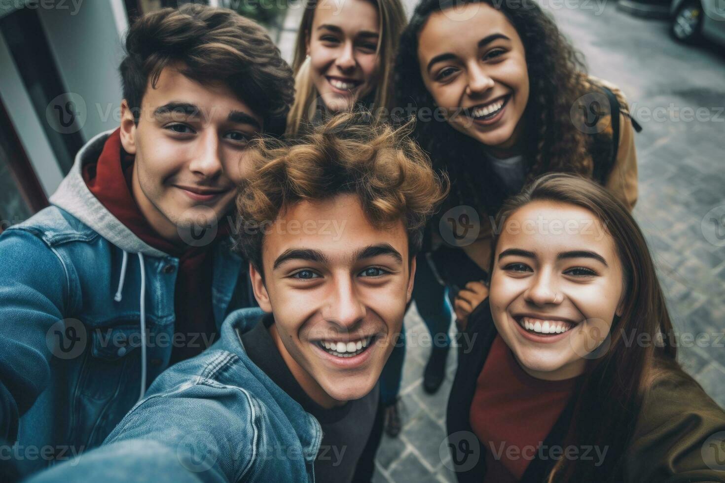 A group of friends taking selfies with different facial expressions and poses. Generative AI photo