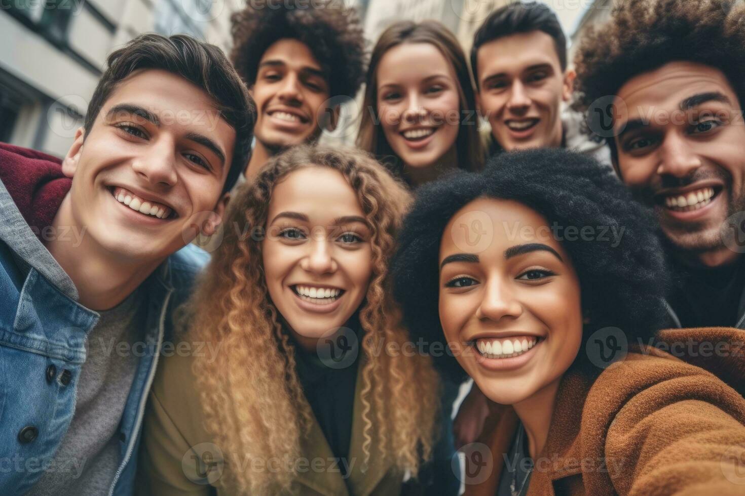 A group of friends taking selfies with different facial expressions and poses. Generative AI photo