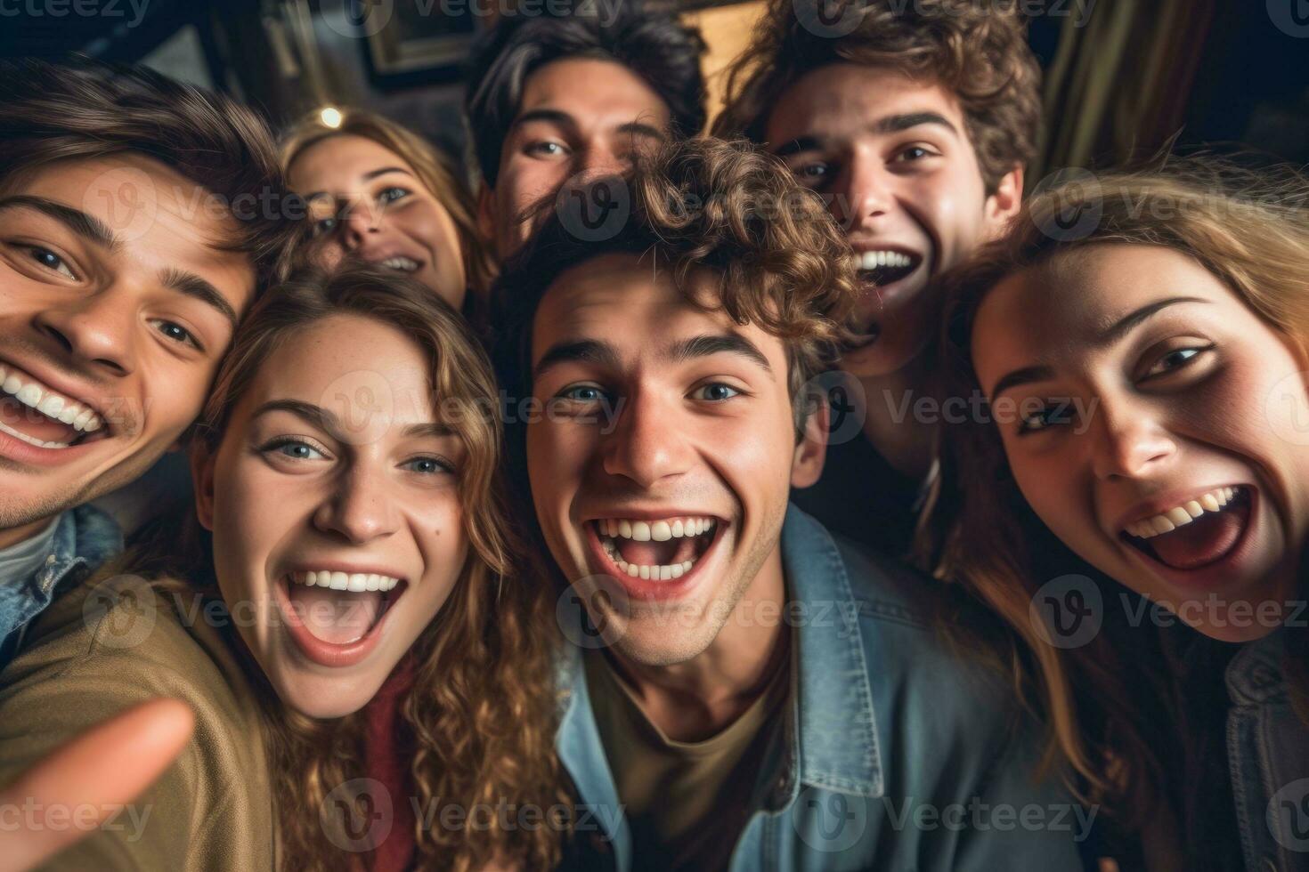 A group of friends taking selfies with different facial expressions and poses. Generative AI photo