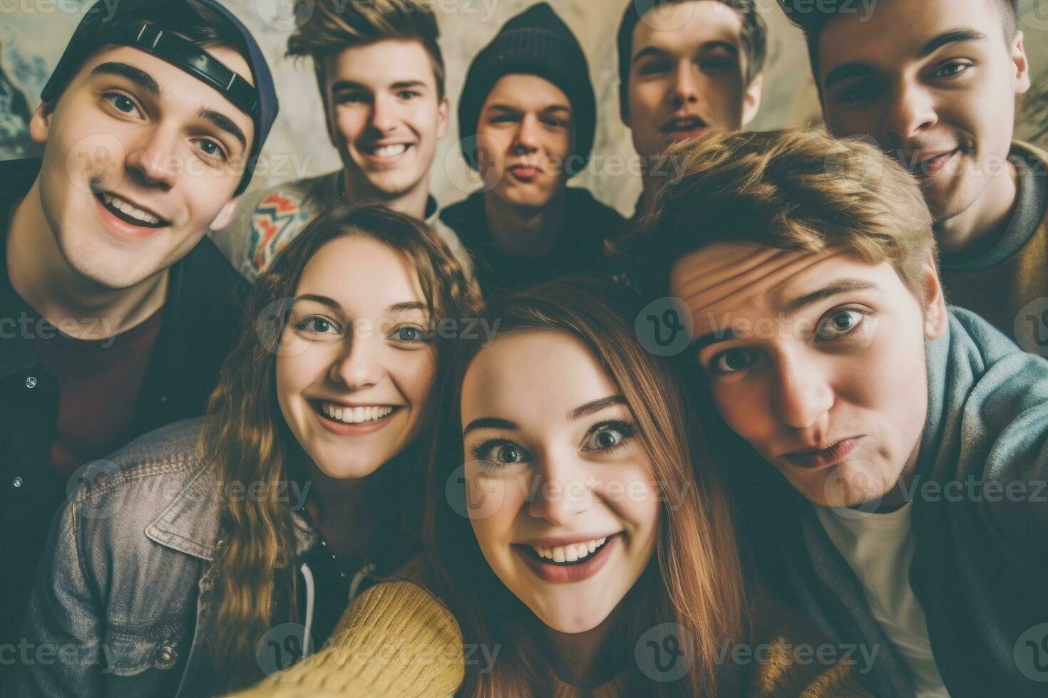 A group of friends taking selfies with different facial expressions and poses. Generative AI photo