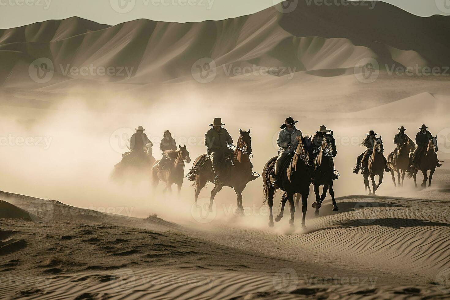 A group of people riding horses across the desert. The horses should be galloping and kicking up dust behind them. Generative AI photo
