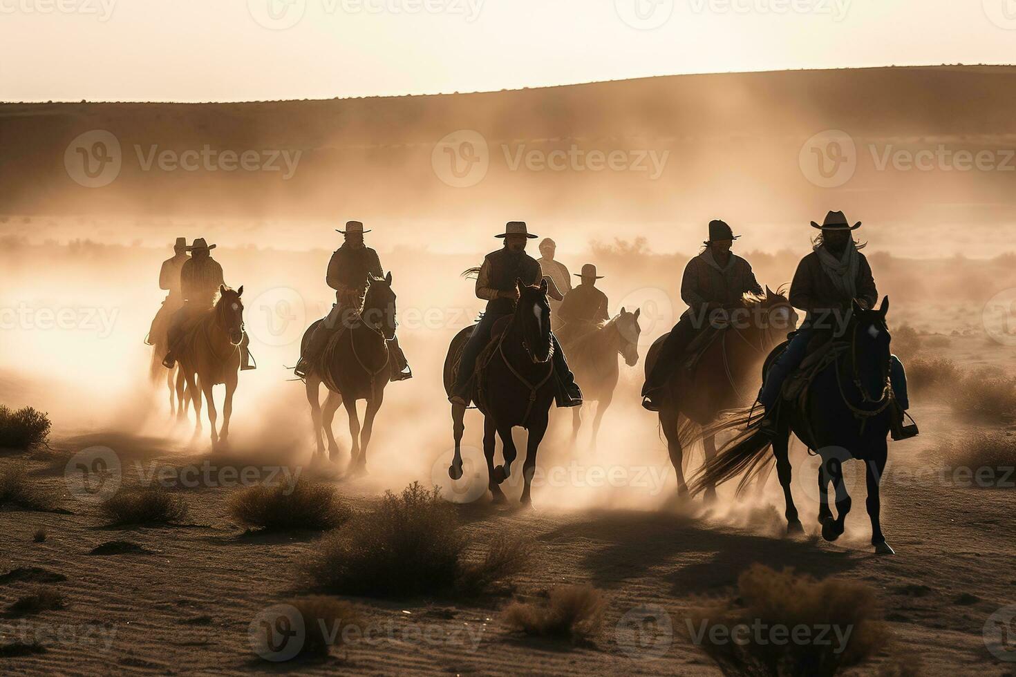 A group of people riding horses across the desert. The horses should be galloping and kicking up dust behind them. Generative AI photo