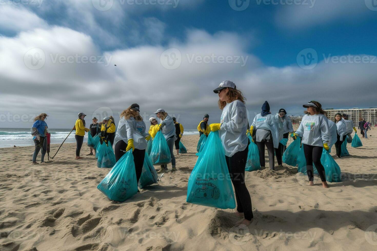 A group of volunteers wearing gloves and carrying reusable bags participate in a beach cleanup event. They are collecting plastic waste, including bottles, bags, and other debris. Generative AI photo