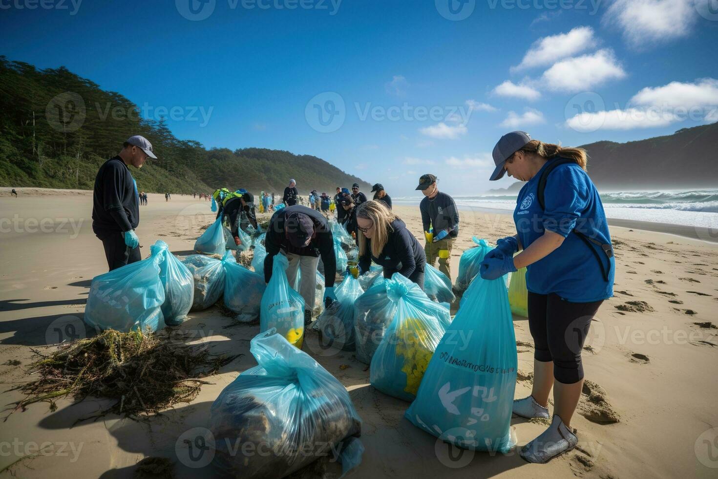 A group of volunteers wearing gloves and carrying reusable bags participate in a beach cleanup event. They are collecting plastic waste, including bottles, bags, and other debris. Generative AI photo