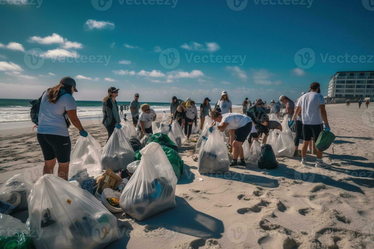 A group of volunteers wearing gloves and carrying reusable bags participate in a beach cleanup event. They are collecting plastic waste, including bottles, bags, and other debris. Generative AI photo