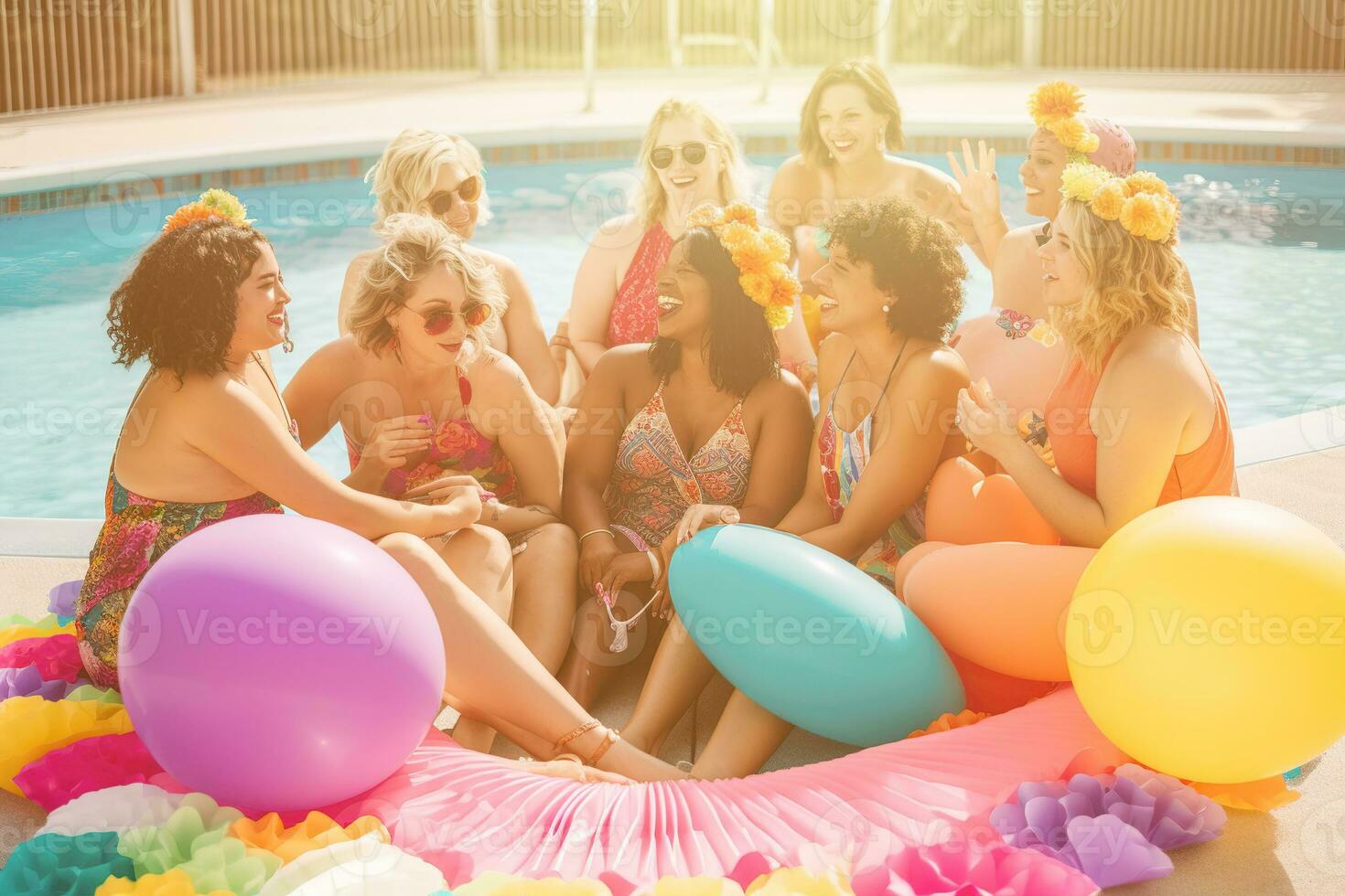 A group of women in coordinating two-piece swimsuits lounge together on a pool deck, surrounded by colorful decorations and party favors. The vibe is festive and fun. Generative AI photo