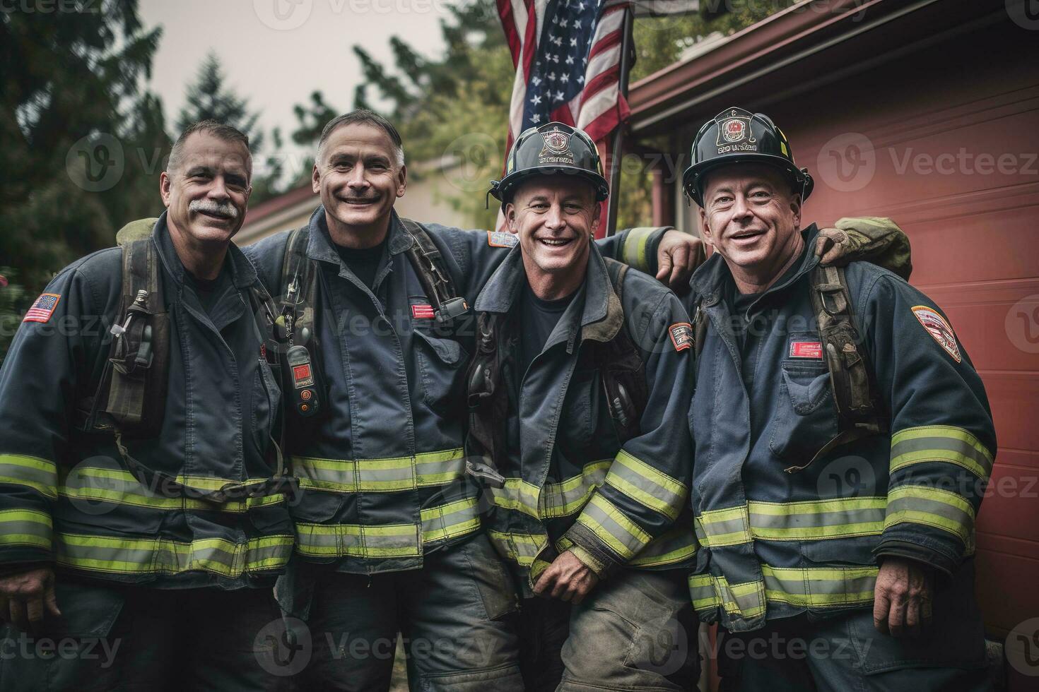 A group photo of a veteran fire station crew, grimy and tired but with smiles on their faces after successfully rescuing an elderly couple. The American flag hanging proudly. Generative AI