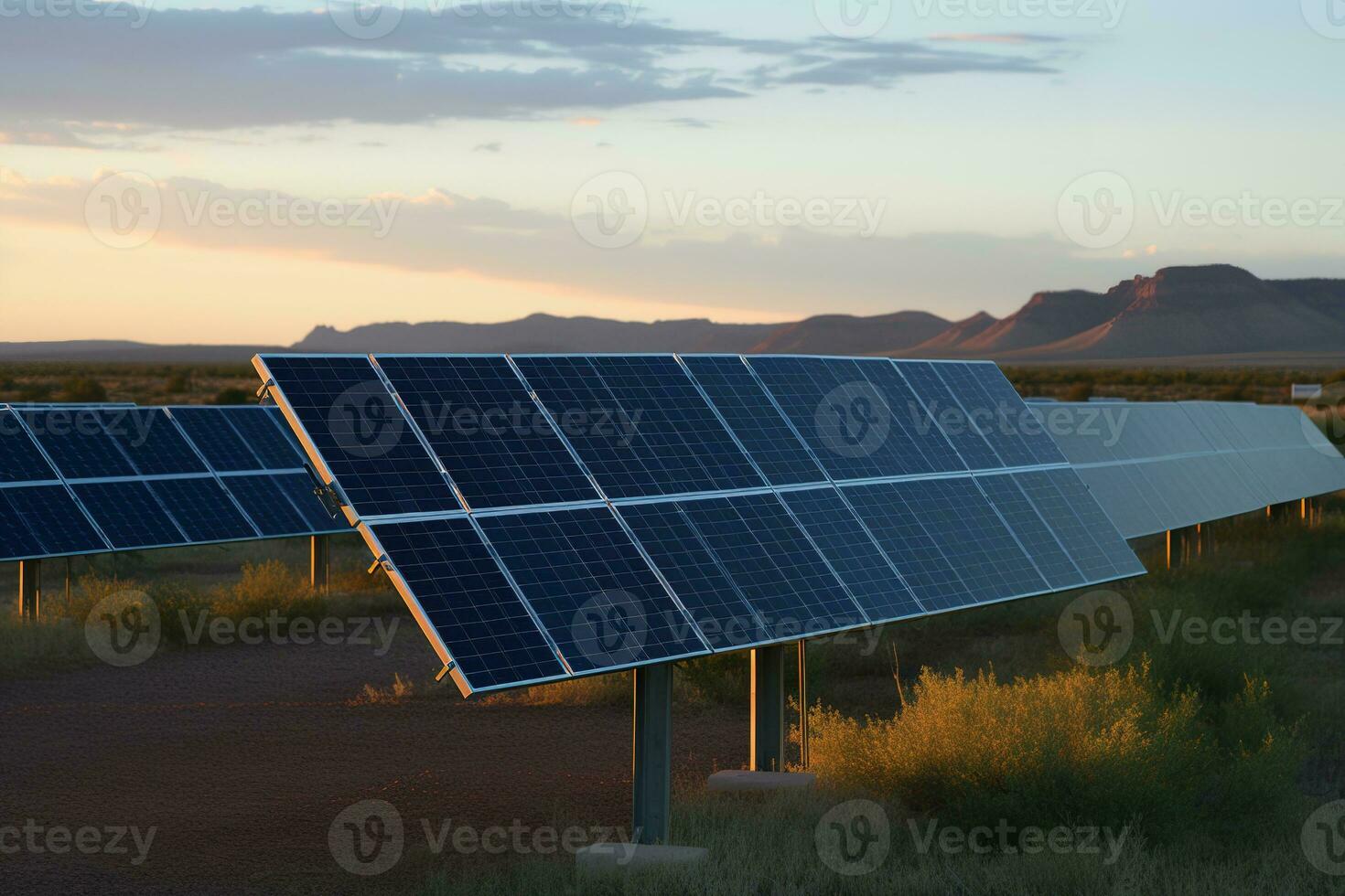 Large solar power plant with rows of photovoltaic panels neatly arranged against a clear blue sky. Representing the harmonious integration of different renewable energy sources. Generative AI. photo