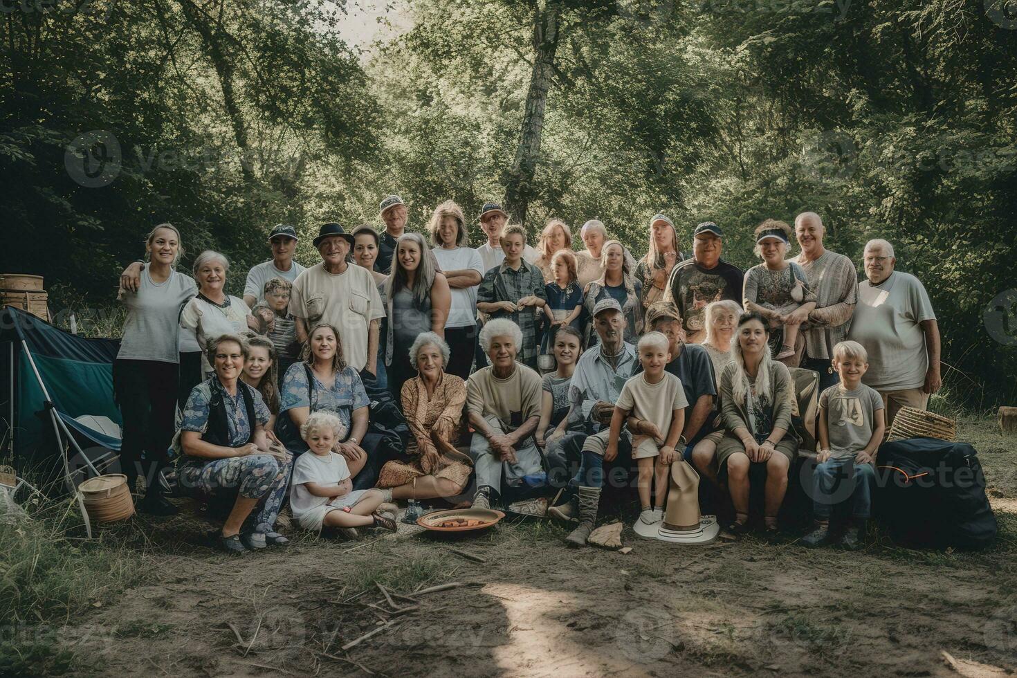 A heartwarming, group photo of a multi-generational family camping trip, capturing grandparents, parents, and children sharing the joys of summer camping traditions. Generative AI