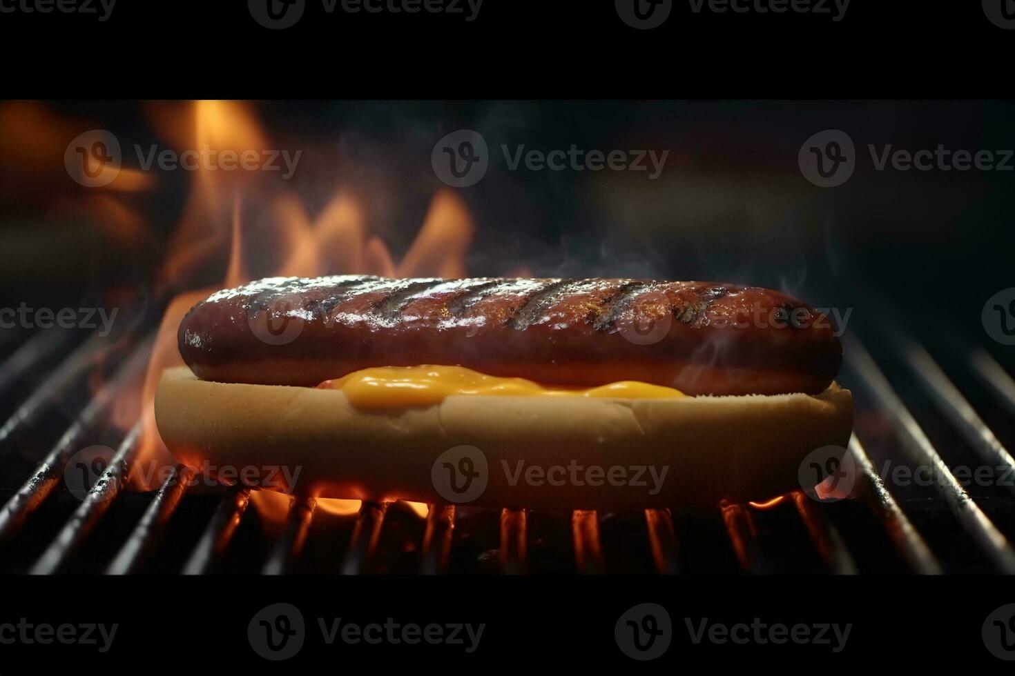 A hot dog cooks over an open grill, flames licking at the sides as it roasts, bursting juices and oils filling the air with aroma. Generative AI photo