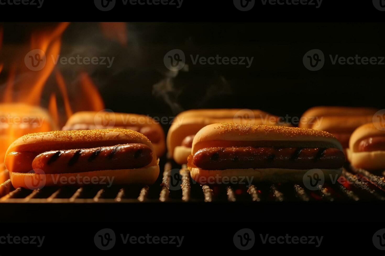 A hot dog cooks over an open grill, flames licking at the sides as it roasts, bursting juices and oils filling the air with aroma. Generative AI photo