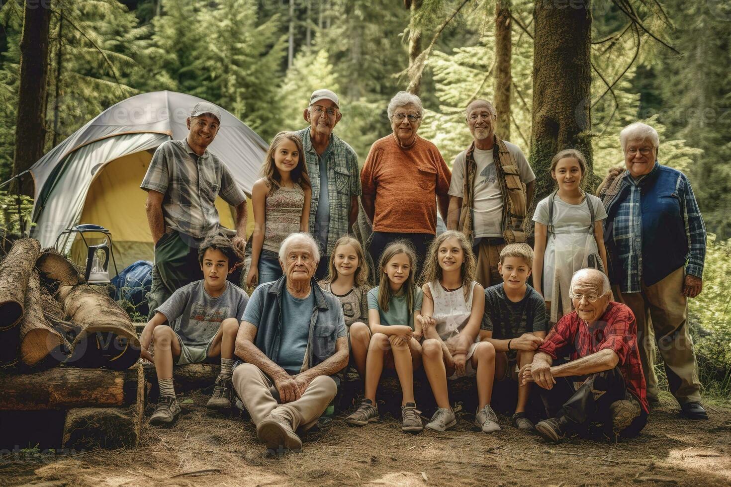 A heartwarming, group photo of a multi-generational family camping trip, capturing grandparents, parents, and children sharing the joys of summer camping traditions. Generative AI