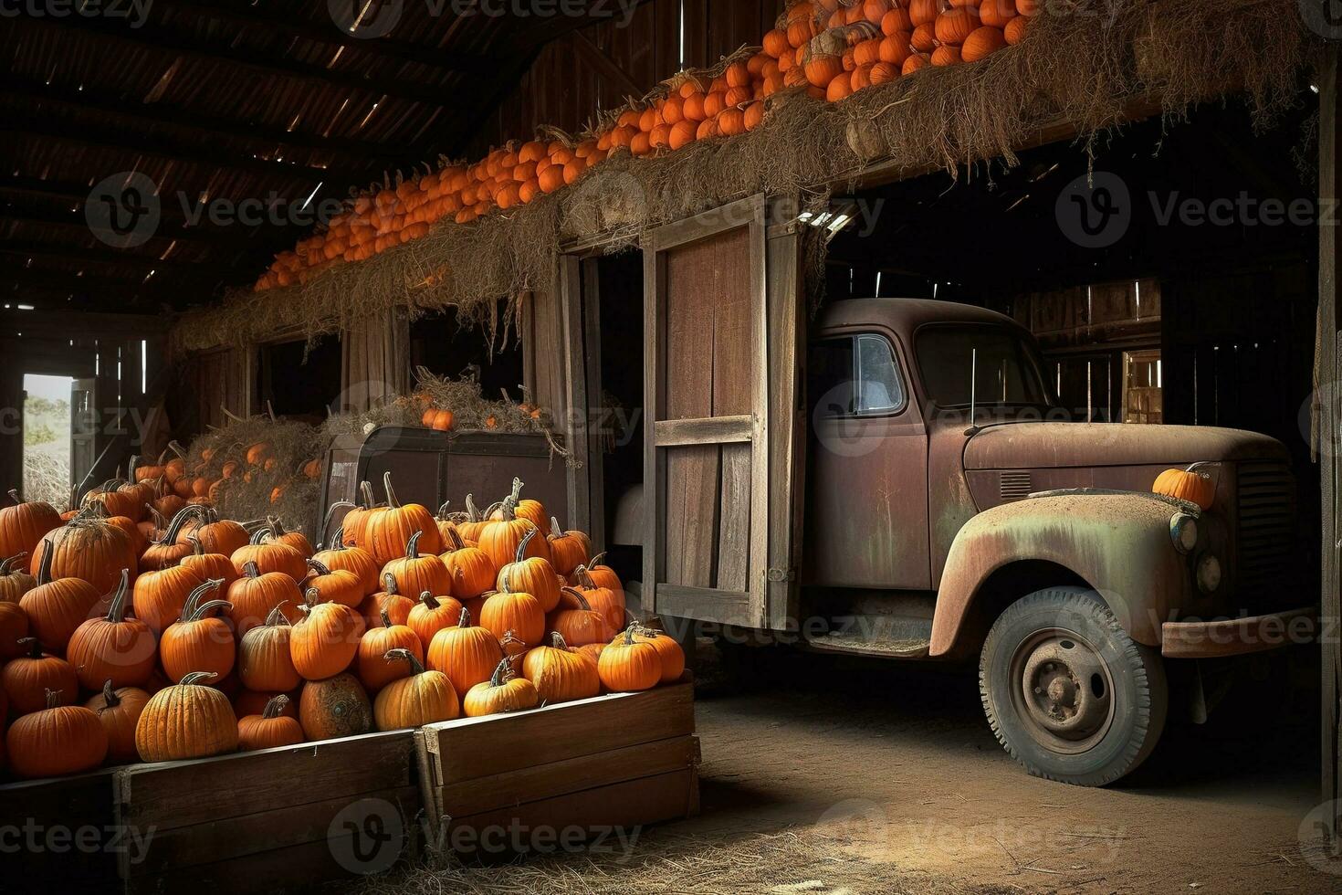 A jack o lantern barn, its rotting wooden doors gaping open to reveal piles upon piles of pumpkins waiting to be carved for Halloween. photo