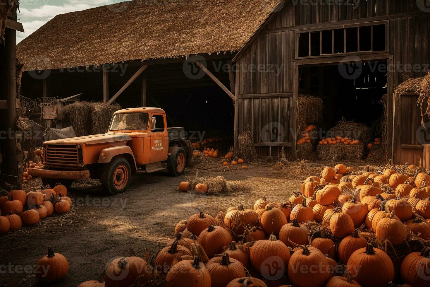 A jack o lantern barn, its rotting wooden doors gaping open to reveal piles upon piles of pumpkins waiting to be carved for Halloween. photo