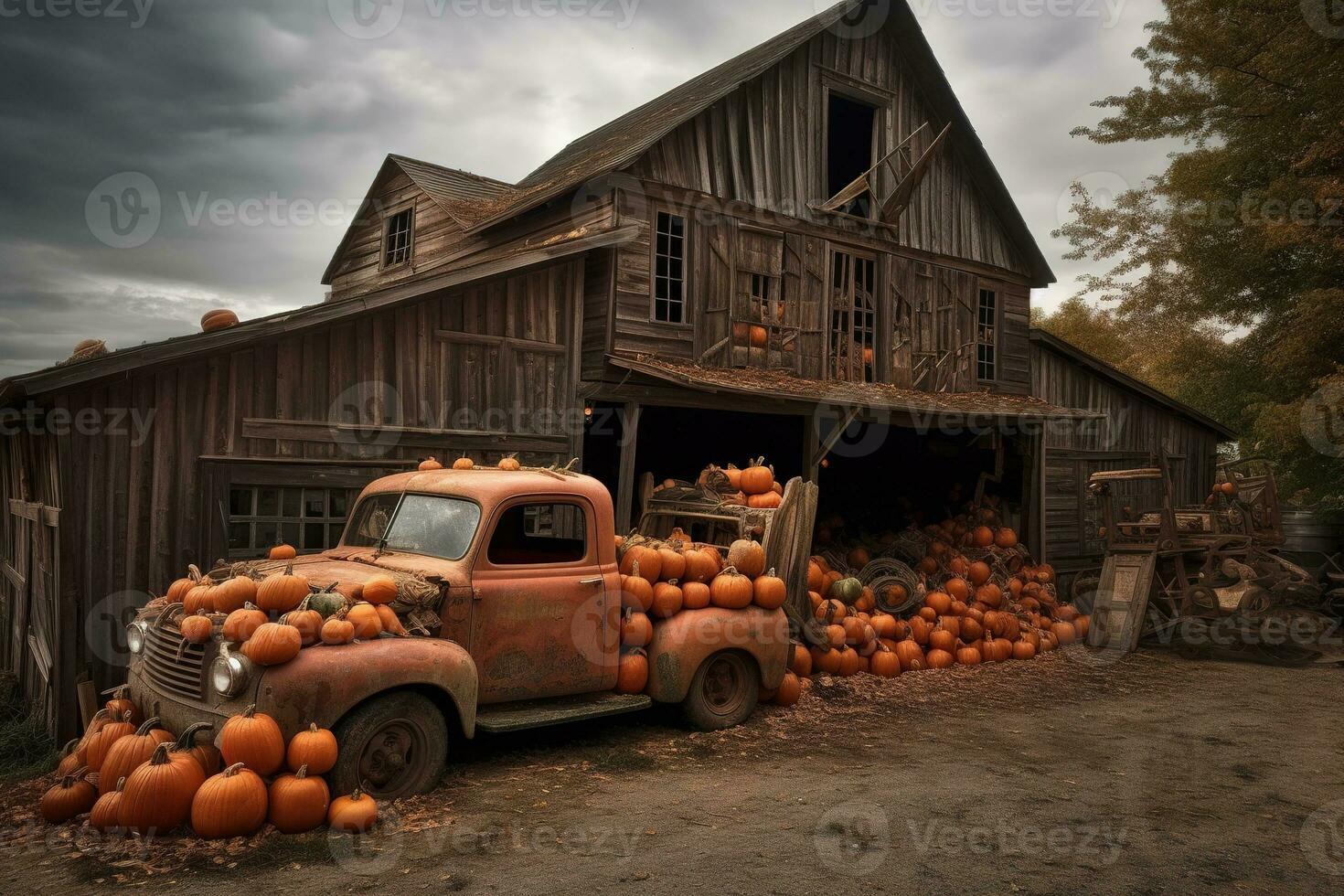 A jack o lantern barn, its rotting wooden doors gaping open to reveal piles upon piles of pumpkins waiting to be carved for Halloween. photo
