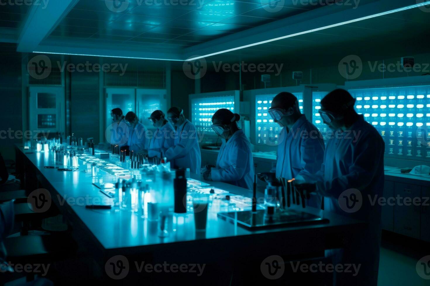 Laboratory with rows of scientists in protective gear conducting experiments, seems to emanate a radioactive glow. Hazards signs warn of radiation throughout the sterile white lab space. Generative AI photo