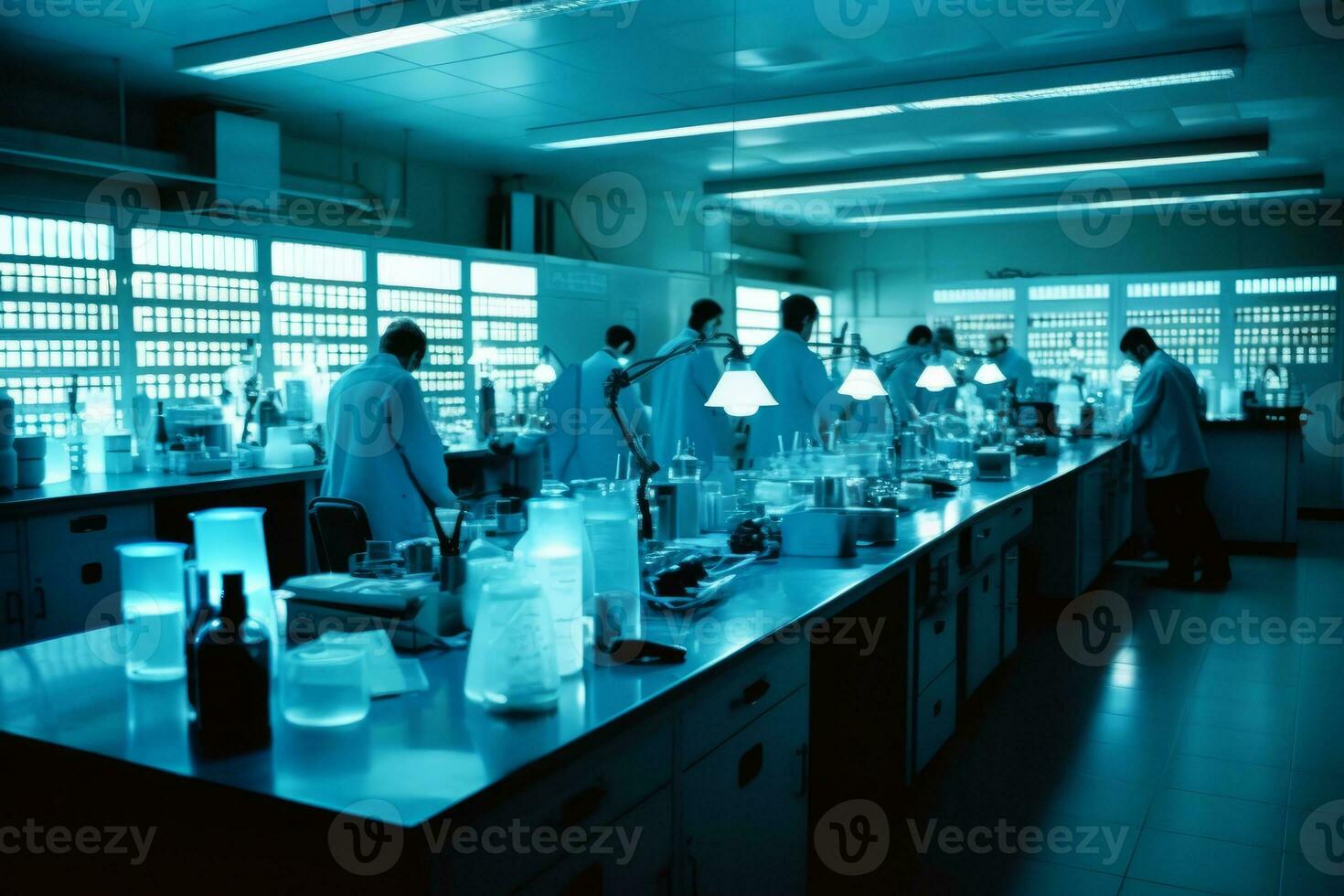 Laboratory with rows of scientists in protective gear conducting experiments, seems to emanate a radioactive glow. Hazards signs warn of radiation throughout the sterile white lab space. Generative AI photo