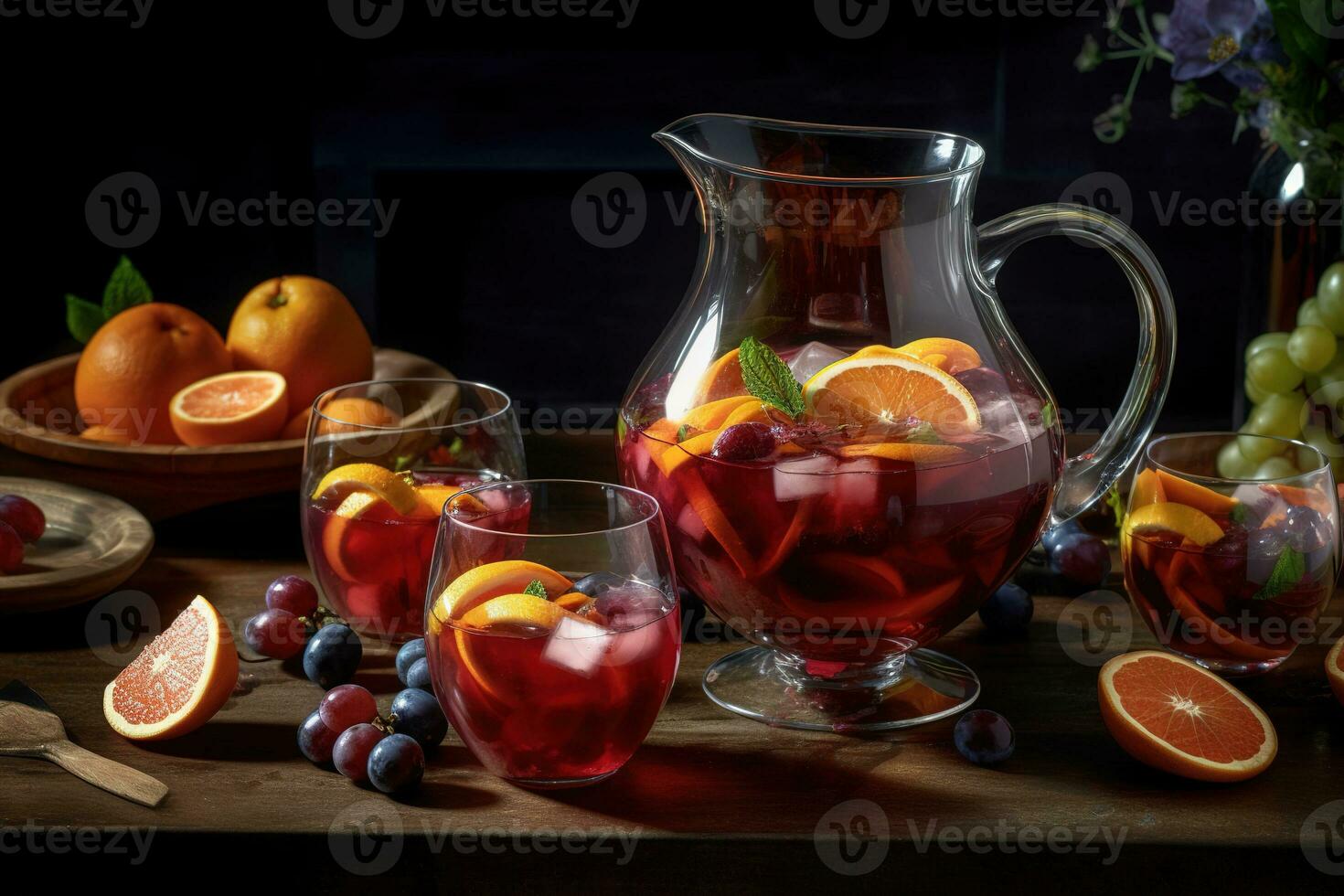 A colorful sangria , showcasing a large pitcher filled with red or white wine, fresh fruit, and a splash of brandy, accompanied by glasses filled with the refreshing beverage. Generative Ai photo