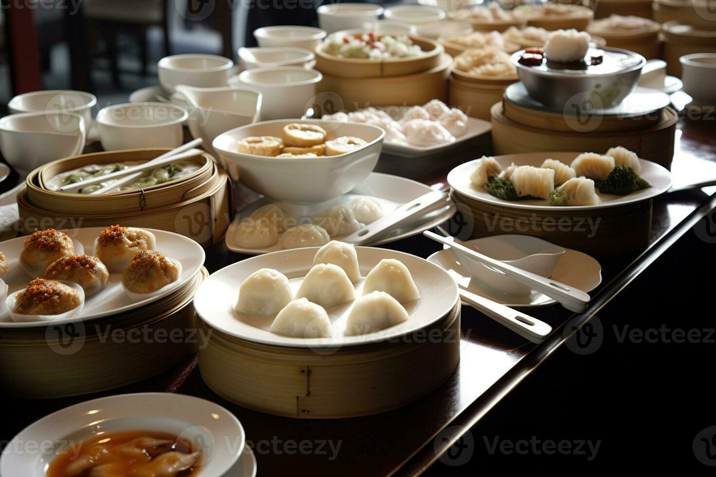 A lively, bustling dim sum experience, showcasing an array of steamed and fried dumplings, buns, and other small plates. Set in an authentic, Chinese restaurant. Generative AI. photo