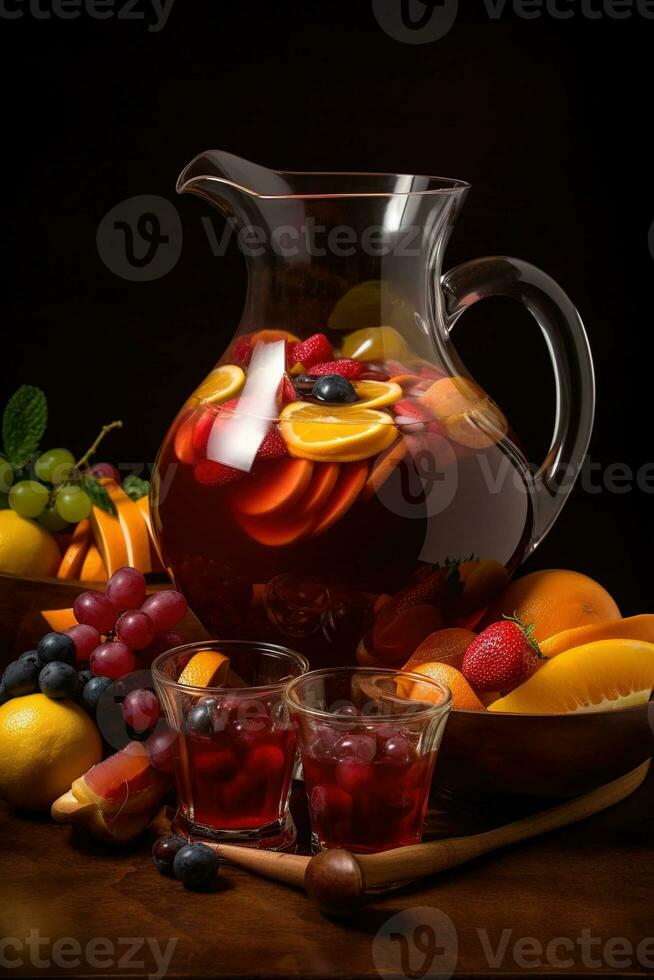 A colorful sangria , showcasing a large pitcher filled with red or white wine, fresh fruit, and a splash of brandy, accompanied by glasses filled with the refreshing beverage. Generative Ai photo